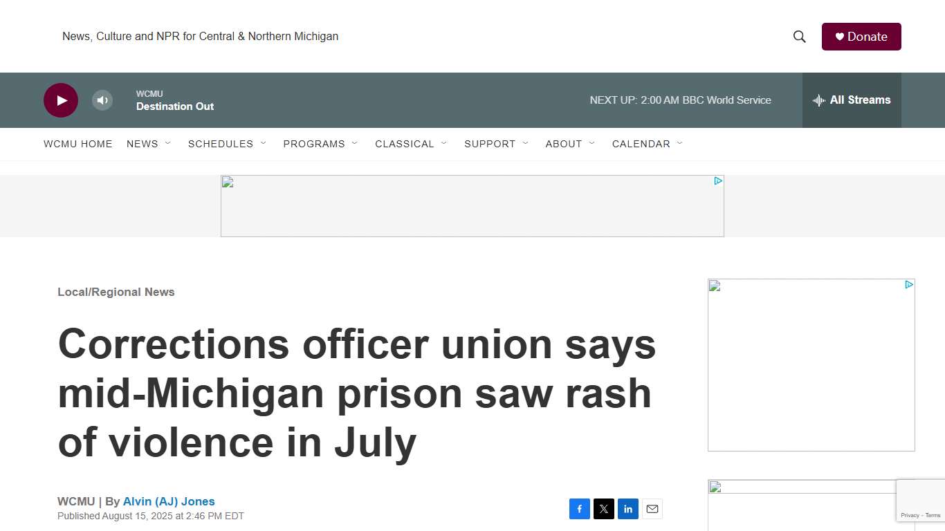 Corrections officer union says mid-Michigan prison saw rash of violence in July WCMU Public Radio
