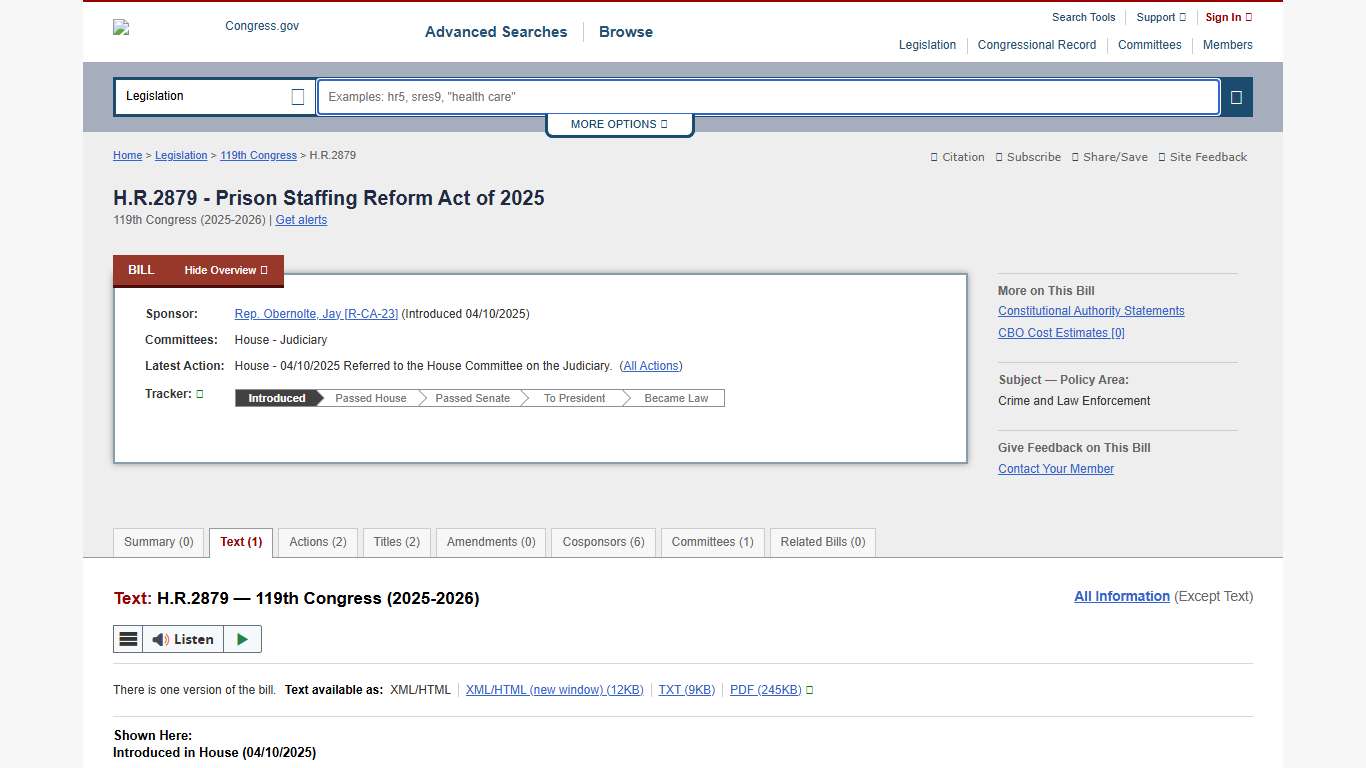 Text - H.R.2879 - 119th Congress (2025-2026): Prison Staffing Reform Act of 2025 Congress.gov Library of Congress